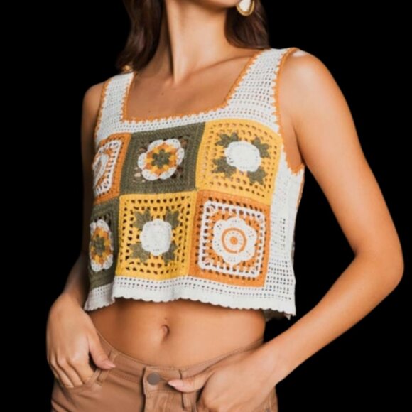 Crochet Crop Tank Top Floral Mosaic Embroidered Mustard Olive Green White - Picture 4 of 5